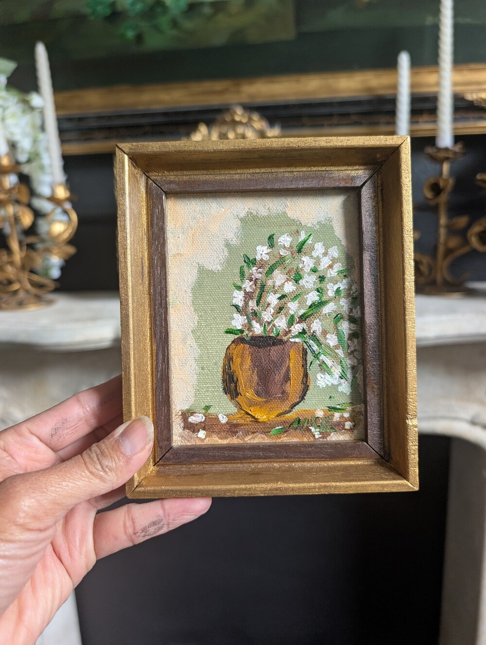 Original Mini Hand-Painted Floral Oil Painting in Vintage Ornate Wood Frame 6.25
